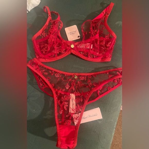 NWT Agent Provocateur Zadi Red 3 Piece Set Bra 32DD, Thong AP4, Suspenders AP4 - Picture 5 of 11